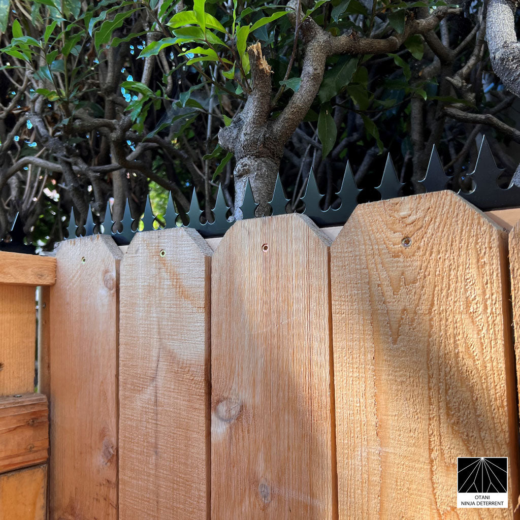 GIZAGIZA black heartspike installed on wood wall with warning sign – clean design and security in harmony