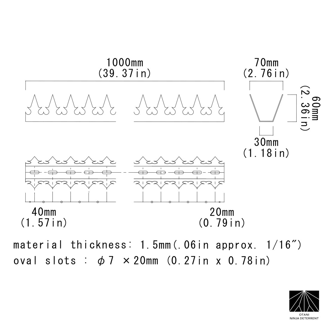 Technical drawing of GIZAGIZA dual heart stainless spike showing anti-climb and anti-bird features