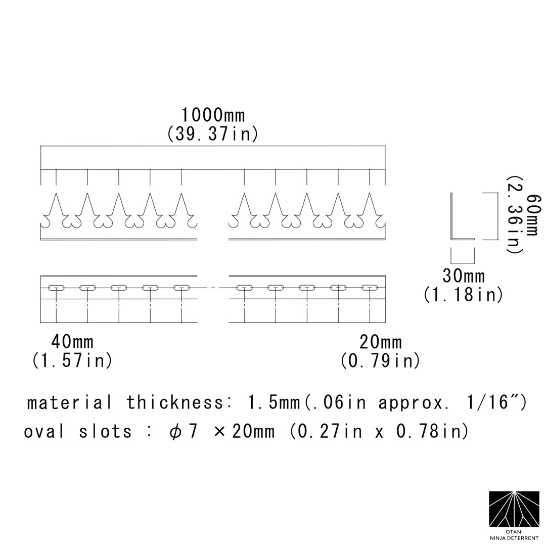 Technical drawing of GIZAGIZA heart stainless spike showing anti-climb and anti-bird features