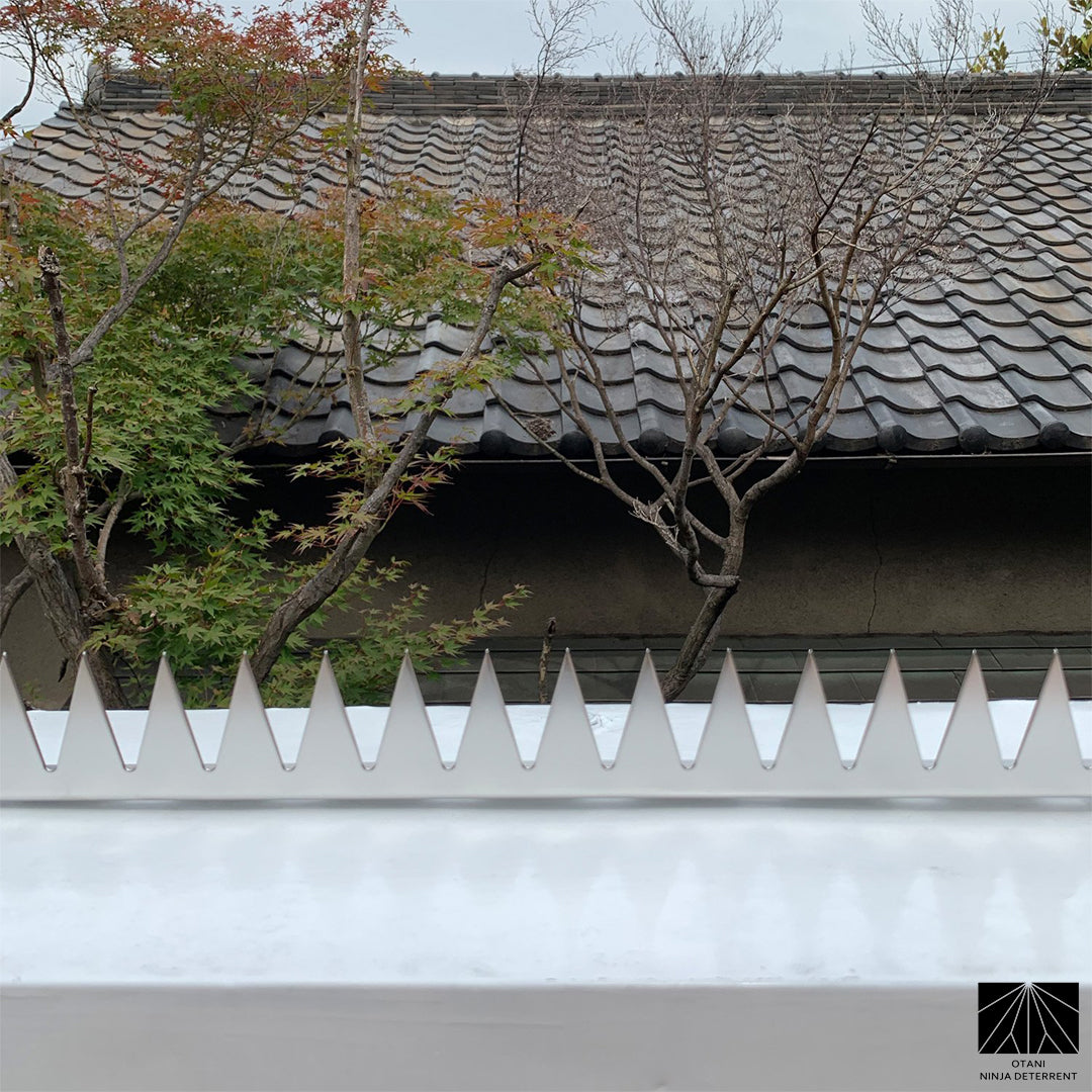 GIZAGIZA Black installed on white wall with traditional Japanese tile roof – discreet security with cultural harmony