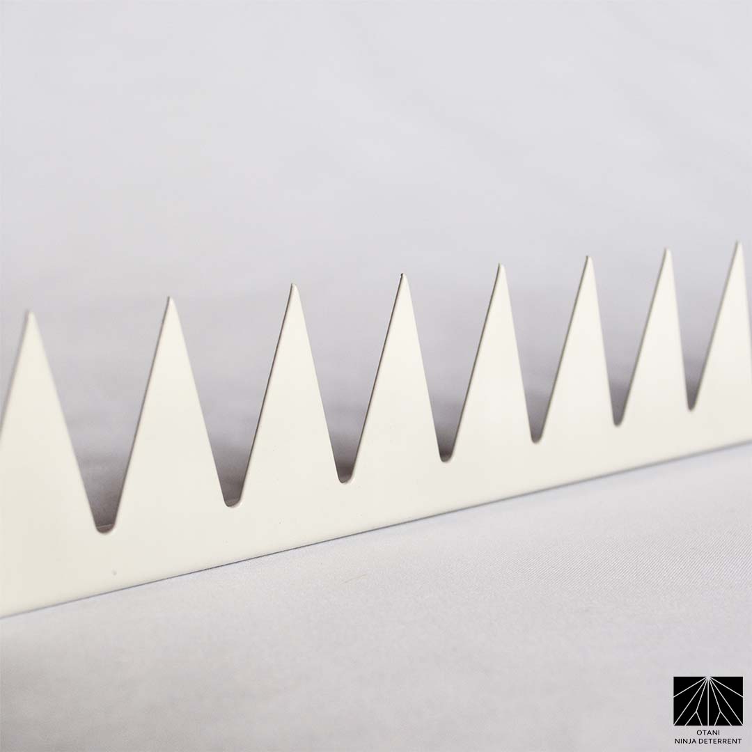 Japanese-made white security spike with sharp triangular blades for elegant perimeter and bird deterrence