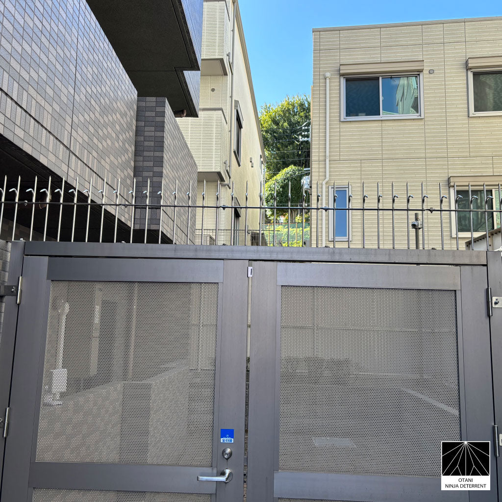 Gate-mounted Ninja Deterrent spikes designed to deter intruders and birds without compromising aesthetics
