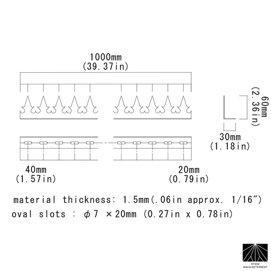 Technical drawing of GIZAGIZA heart stainless spike showing anti-climb and anti-bird features