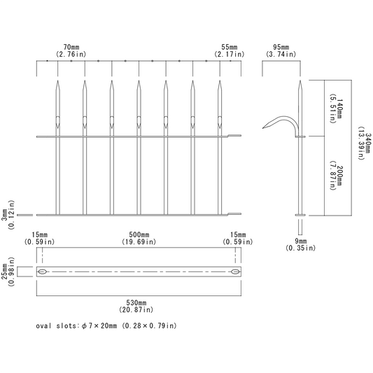 Technical drawing of Ninja Deterrent bird and intruder spikes with full dimensions and mounting specifications