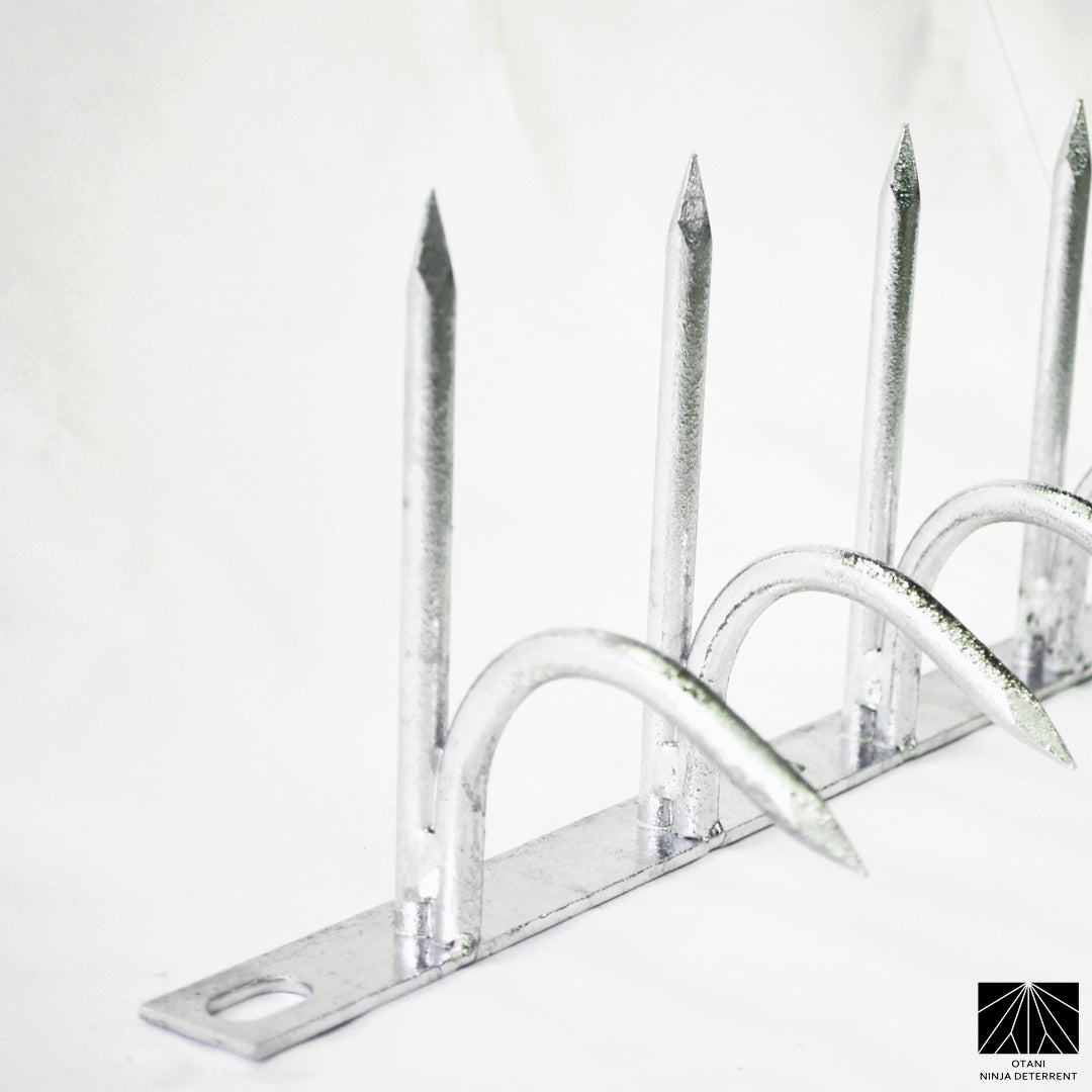 Single-bladed Ninja Deterrent™ in hot-dip galvanized finish—weather-resistant bird and climb deterrent for walls and fences