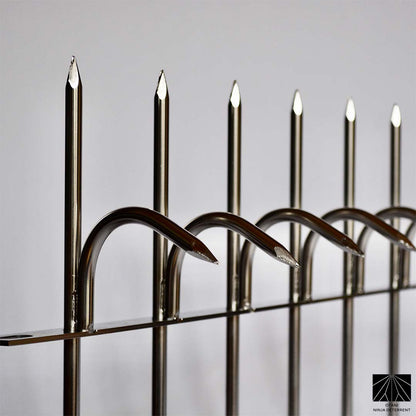 Close-up Polished stainless steel Ninja Deterrent spikes offering high-end bird control and perimeter security
